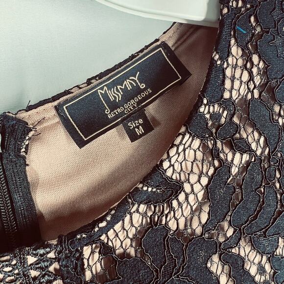 Miss May Womens Dress Medium Black Floral Lace Tan Lining Flare Sleeves A Line - Picture 5 of 16